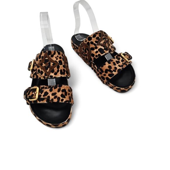 Louis Vuitton Shoes - Louis Vuitton Bom Dia Flat Slide Sandal Monogram Leopard Gold Size 37 US 7